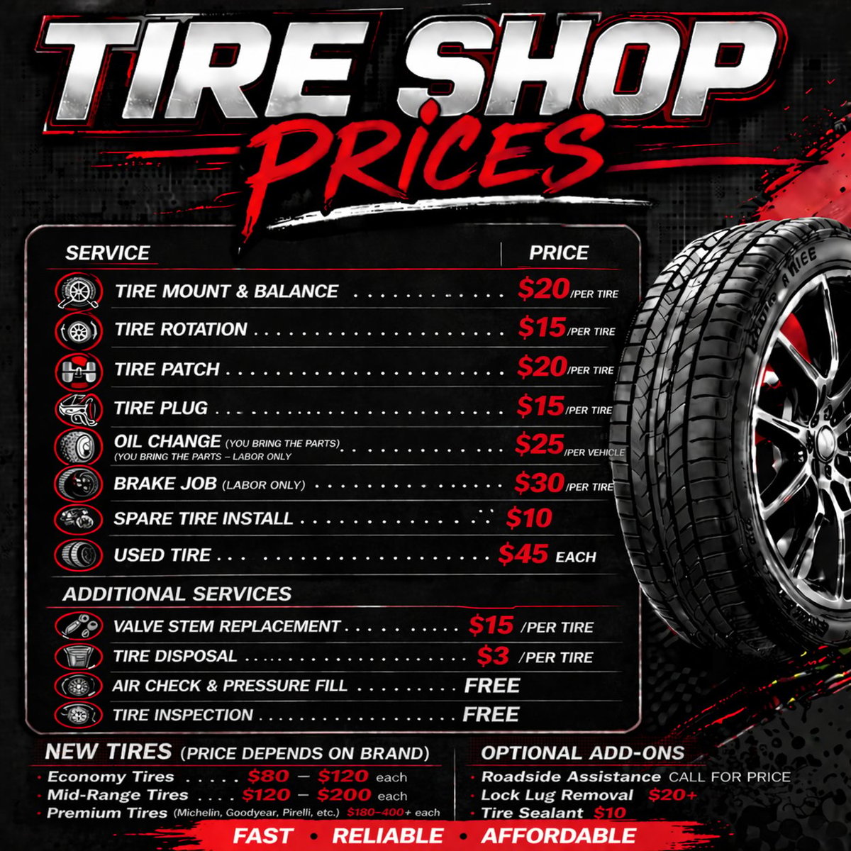 Tire shop price list showing services and costs including wheel alignment, tire rotation, patch, plug, and other maintenance options